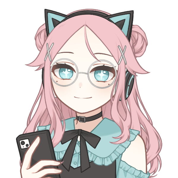 Avatar-style illustration of a woman with pink hair in two buns and loose strands, wearing glasses, a blue and black shirt with ruffles, a black bow, a choker, cat-ear headphones, and holding a black phone, with a soft smile. Created to represent the author.  https://picrew.me/share?cd=XKHP3DgDvq